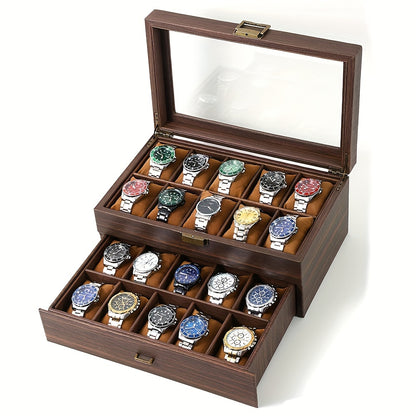 1pc Luxury Double Layer Vintage Wooden Watch Box with Transparent Glass Lid - 20/12/6-Slot Velvet And Leather Jewelry Organizer for Watches, Beads, Crafts, And Sewing Supplies,Beading&Jewelry Making,Jewelry Making Display & Packaging Supplies