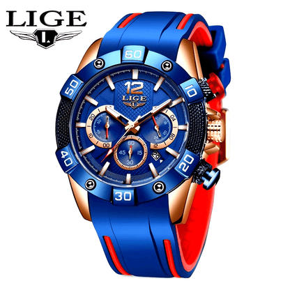 1pc LIGE Men'S Luxury Quartz Watch with Calendar, Chronograph, Sports Style, Round Dial, Analog Display, Silicone Strap, Zinc Alloy Case, Non-Precious Metal, Water Resistant, Battery Powered