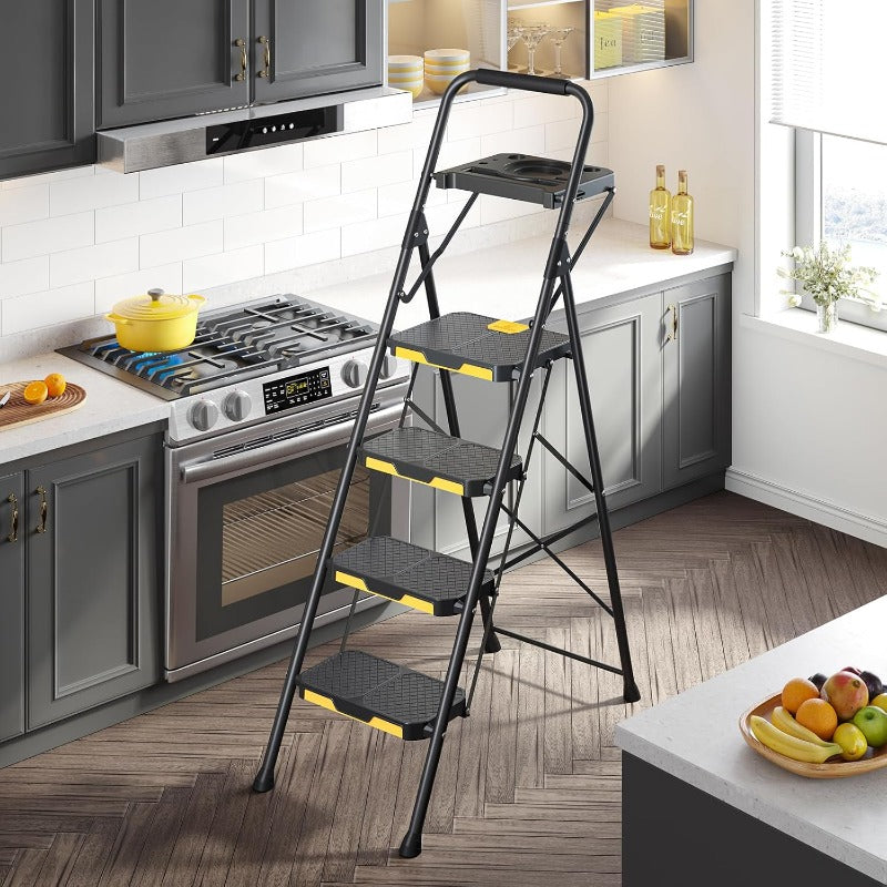 4 Step Ladder, Step Ladder 4 Step Folding with Tool Tray and Handrails, Lightwight Household Ladder for Your Kitchen, Pantry, Closets, Office Use