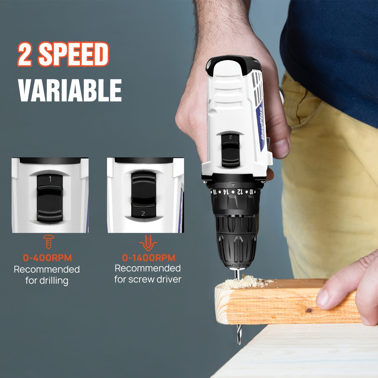 Cordless Drill Driver, Battery Powered Screwdriver With 10mm Keyless Chuck, 2 Speed, Built-in LED Light, Electric Impact Drill For Drilling And Tightening/Loosening Screws, White