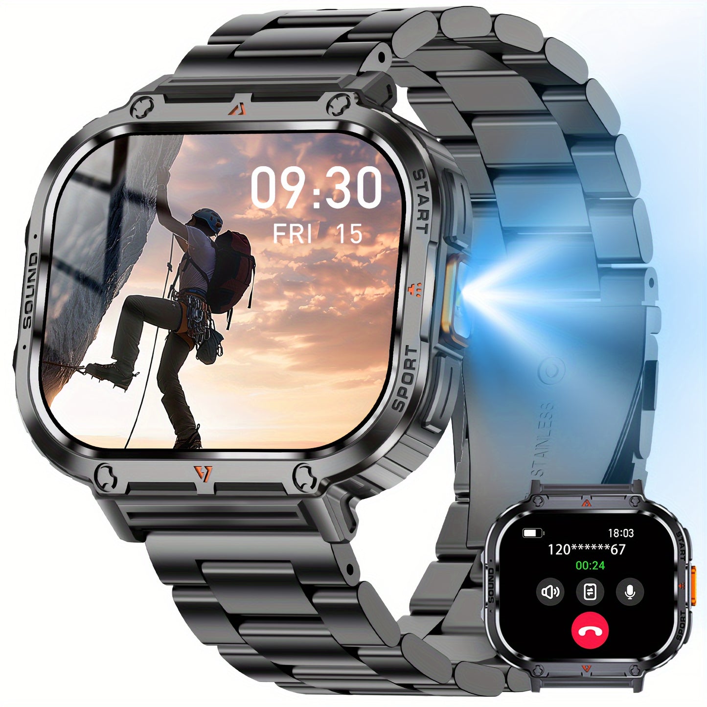 Gawsug Smartwatch with Flashlight - Full Touch Screen, Wireless Calls & Messages,, Large Battery, Compass, Sports Tracking, Weather Forecast, for Android & iOS, Fitness Watch with Zinc Alloy Case