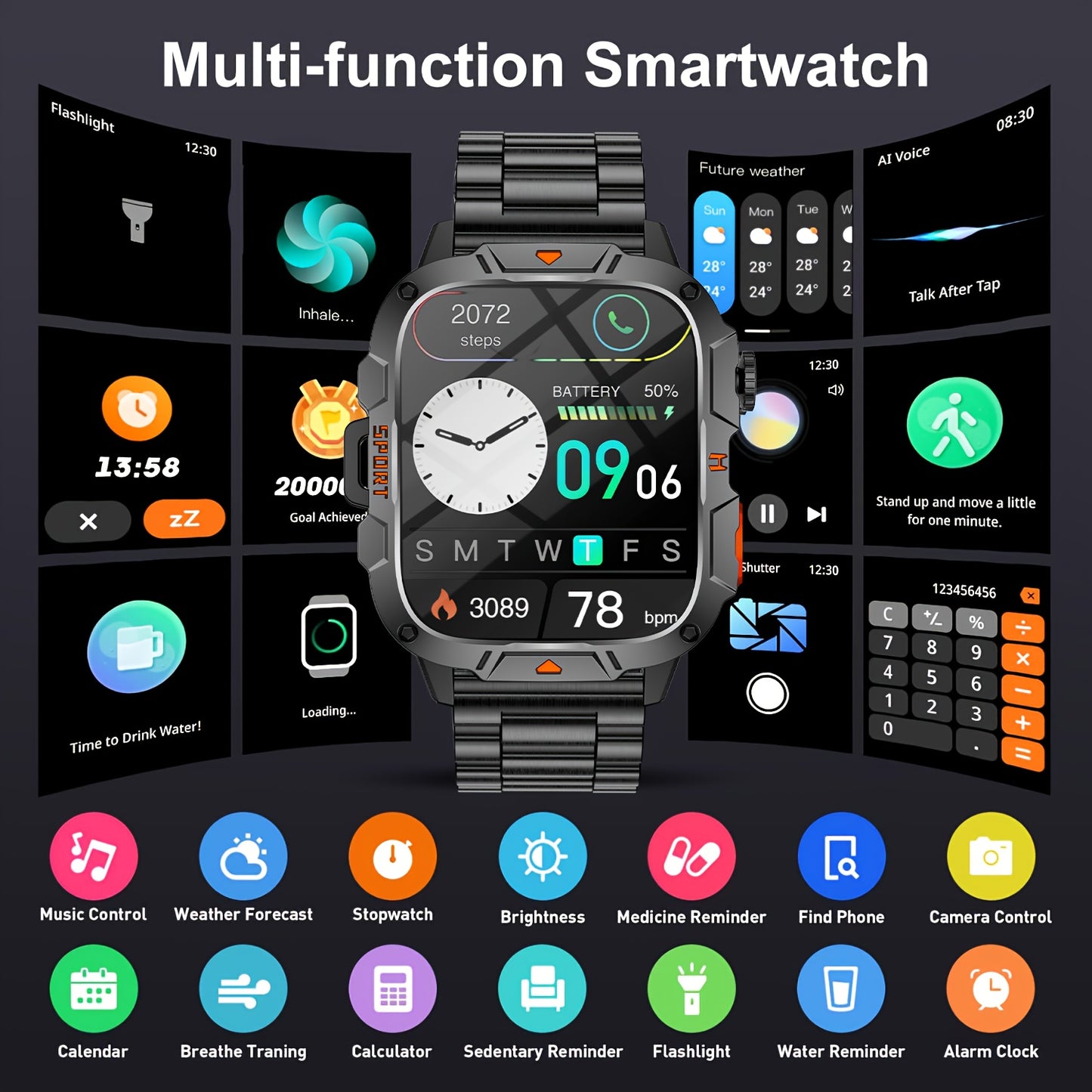 DAORKOW Men's Smartwatch - 420mAh Long-Lasting Battery, 4.98cm HD Display, Wireless Calling & Text Notifications, IP68 Waterproof, Built-in Flashlight for Android & iOS