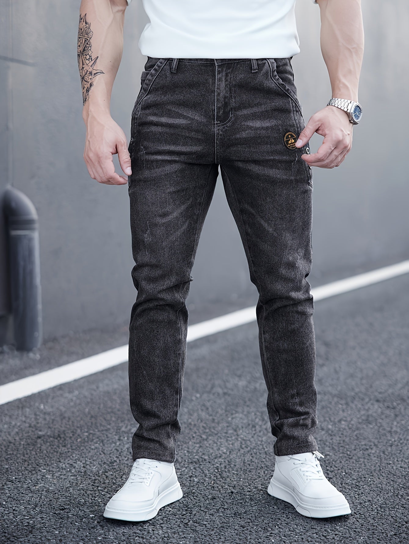 Men's Slim Fit Stretch Jeans - Comfortable & Versatile Black Denim, Blend, Machine Washable