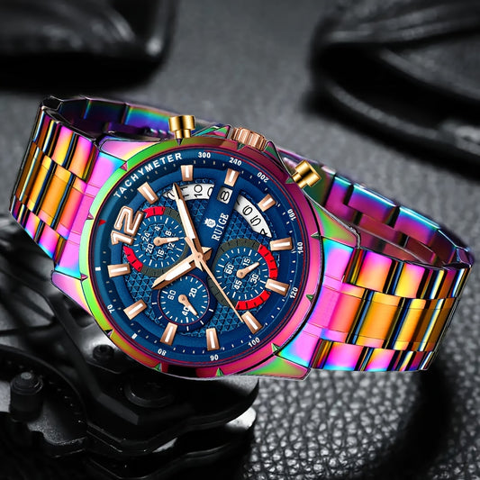 Stylish Men's Colorful Sports Business Calendar Quartz Wristwatch With Stainless Steel Strap