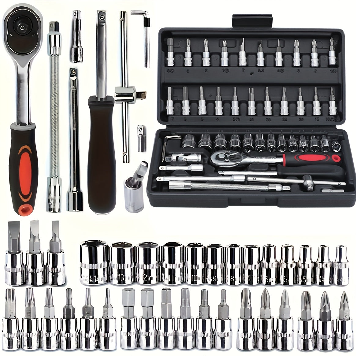 46pcs Durable Chrome Vanadium Steel Socket Wrench Set - Ratchet Torque Tool Kit for Auto, Bike, Motorcycle Repair - Ready-to-Use, No Assembly Required - Industrial Hand Tools Kit