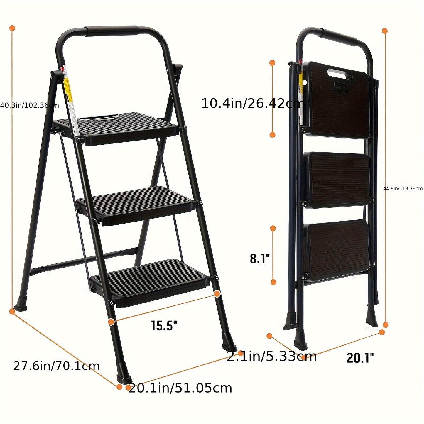 3-Tier Folding Ladder With Non-Slip Wide Pedals, Portable And Sturdy With Handle, No Electricity Needed, Ideal For Home Kitchen Household Use - Black