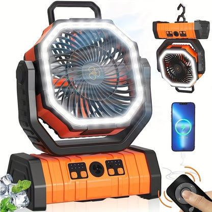 Portable Camping Fan with LED Light - Rechargeable Battery, 270° Rotation, USB Charging - 10400mAh