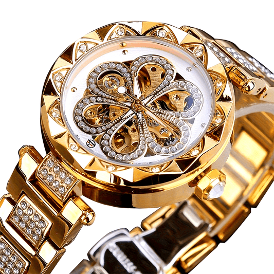 Women's Luxury Skeleton Mechanical Wrist Watch, Stainless Steel Band, Self-Winding Movement, Rhinestone Flower Design, Pointer Display – No Battery Required