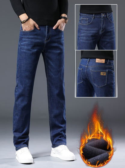 Cotton Men's Classic Design Winter Warm Thick Jeans, Semi-formal Stretch Business Jeans, Stretch Denim Fabric, Solid Color Pattern, Stylish And Light Business Shape, Straight Leg And Multi-pocket Design