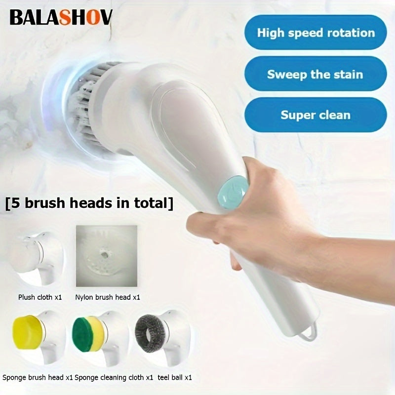 5-in-1 Multifunctional Electric Cleaning Brush, Cordless Electric Scrubber For Kitchen, Bathroom, Shower, Door, Bathtub, Mirror, Tile, Tub, Dish, Sink, Grout Handheld Household Motorized Brush