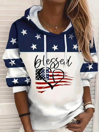 Womens Blessed American Flag Hoodie - Comfortable Long Sleeve Sweatshirt with Drawstring Hood, Durable Graphic Print for Casual Style