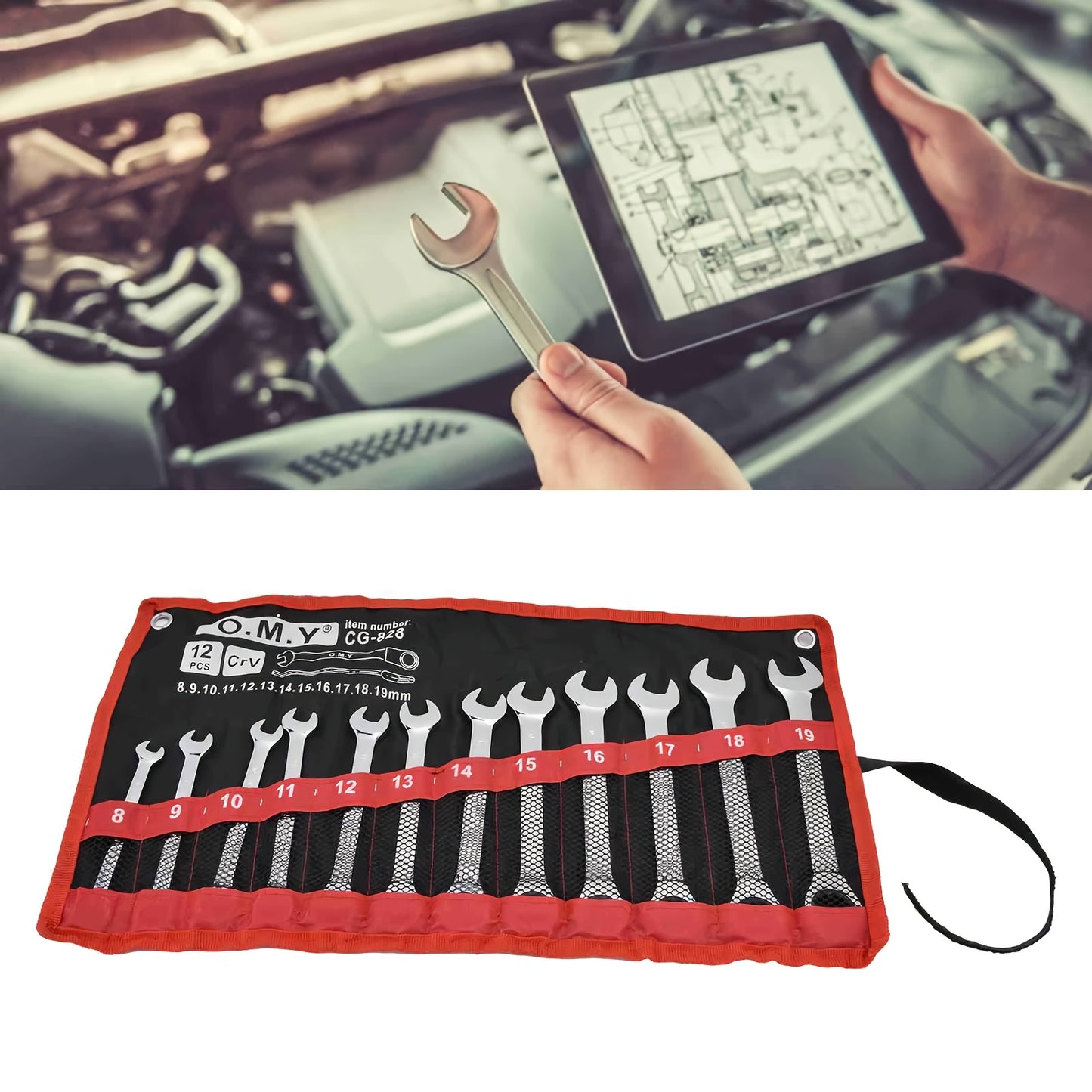 12-Piece Flex-Head Wrench Set, Ratcheting Combination Set, Metric 8-19mm, 72-Teeth, Cr-V Steel Ratchet Wrenches Set With Storage Bag For Home/car/bike Etc.