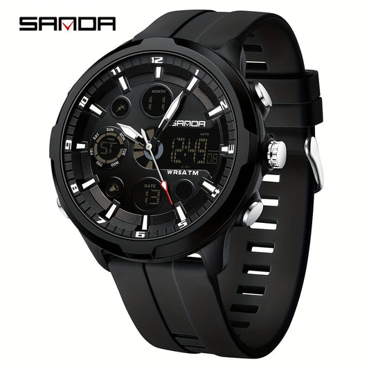 SANDA Men's Watch, Acrylic Surface, Luminous Dial, Waterproof, Chronograph, Date Display, Round Case, Quartz Movement, Electronic, Silicone Band, Fashionable Design for Outdoor & Daily Wear