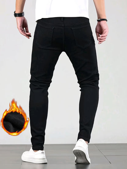 Men's Fashion Slim Fit Denim Jeans, Regular Length, Cotton Blend, Solid Color, Washed Stretch, with Belt Loops, Zipper Closure, for Adult, Autumn/Winter Season, Casual Wear