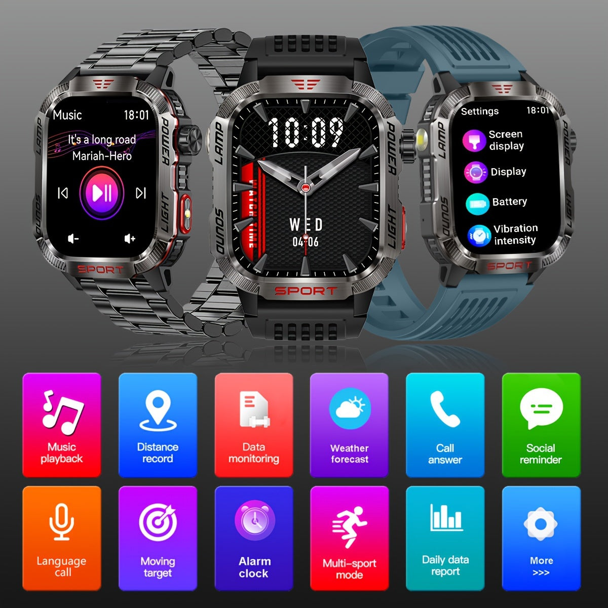 5.11 cm Large Screen Men's Outdoor Sports Smartwatch - Touchscreen, Waterproof, Motion Fitness, Call Answering, Android and iPhone Compatible, Message Alerts Notifications, and More