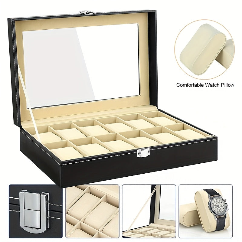 Watch Box, 12 Slots Watch Case, Watch Display Box, Watch Case with Glass Lid, PU Leather Watch Storage Case with Removable Watch Pillows for Men Women