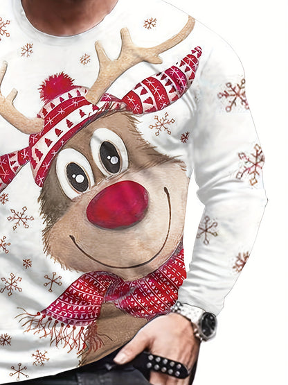 Men's Casual Long Sleeve Christmas Tee - Festive Reindeer Print, Polyester, Machine Washable