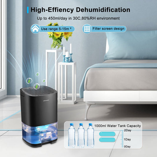 Dehumidifier for Home Damp, EasyAcc® 1200ml Electric Dehumidifier with Ultra Quiet & Auto Shut off 7 Colorful Portable Mini Dehumidifier for Wardrobe Bathroom Closet RV Bedroom Garage-White