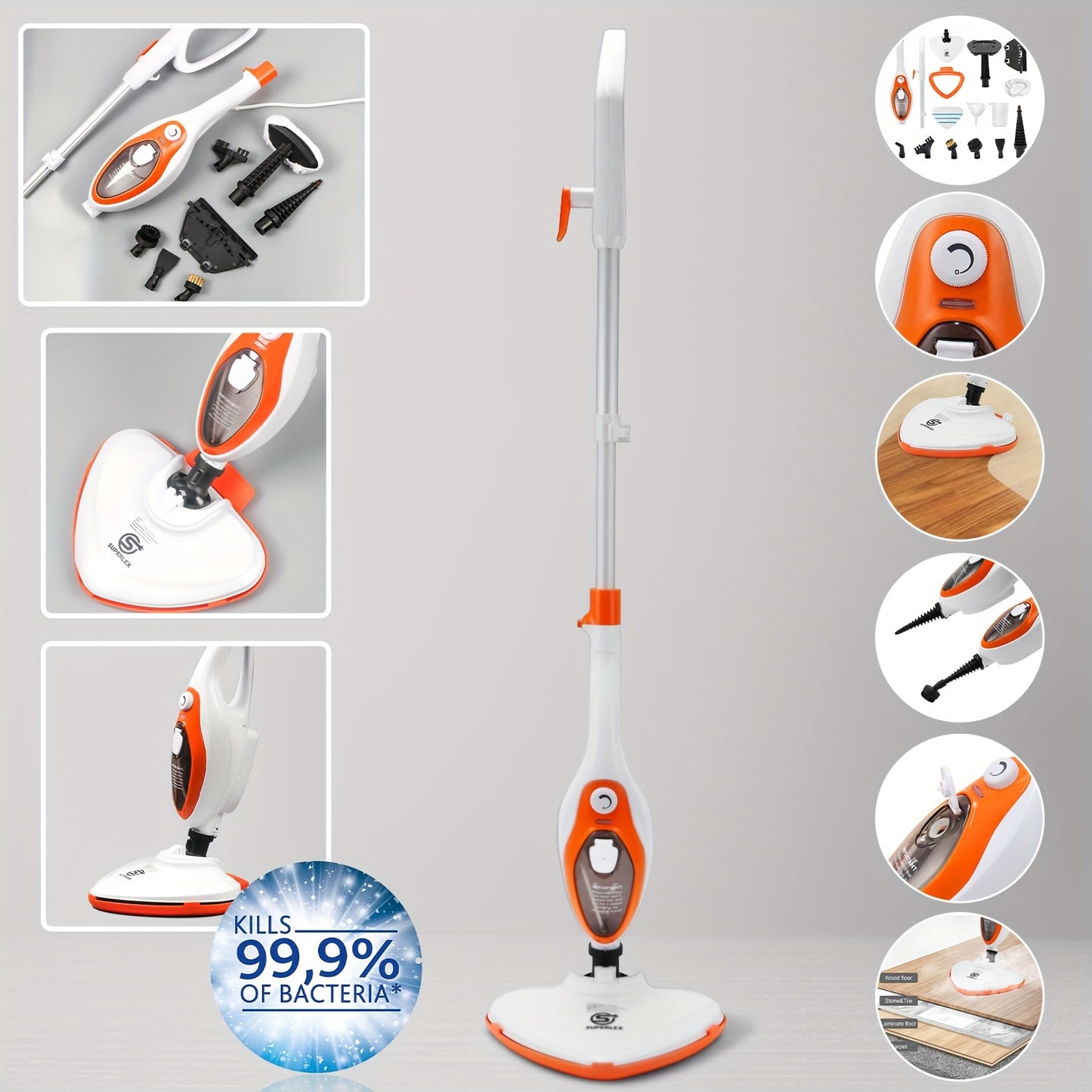 SUPERLEX 12-IN-1 Mutlifunction Steam Mop Detachable Handheld Variable Steam Control With Microfibre Pad For Carpets, Laminate, Hard Floors, Bathroom, Kitchen, Windows