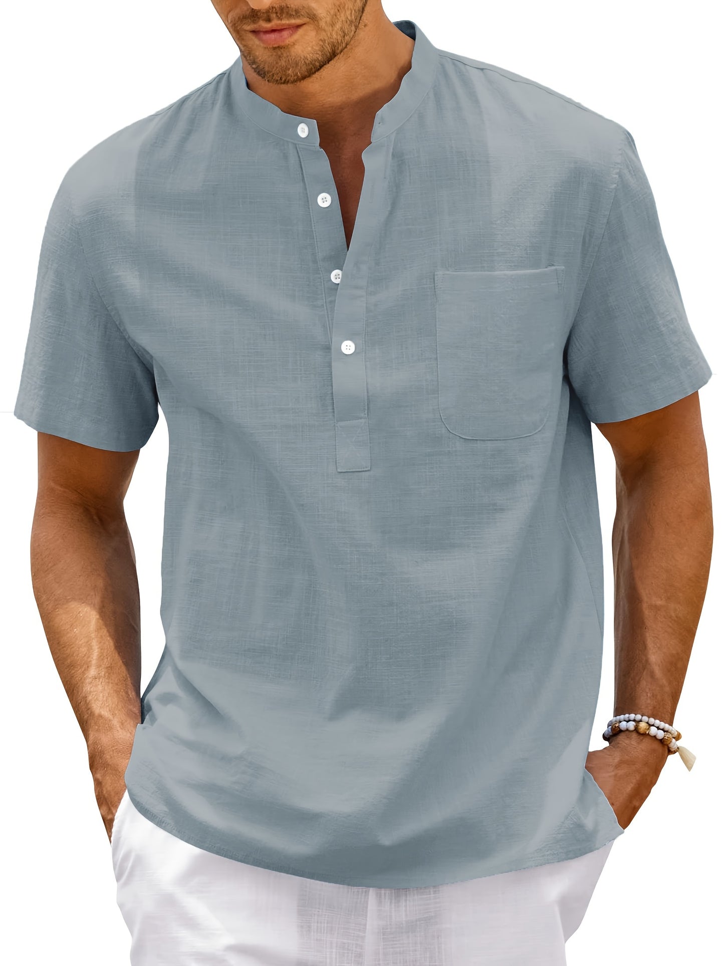 Men's Shirt Top, Solid Band Collar Short Sleeve Closure Summer Male Casual Henley Shirt For Daily Business Formal Shirts For Men