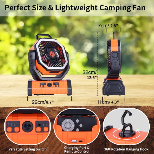 Portable Camping Fan 10000mAh/20000mAh Rechargeable Outdoor Camping Fan, USB Battery Powered Desk Fan With LED Light And 1-8 Hour Timing Function, 4 Speeds For Picnics, Tents, Fishing, And Travel