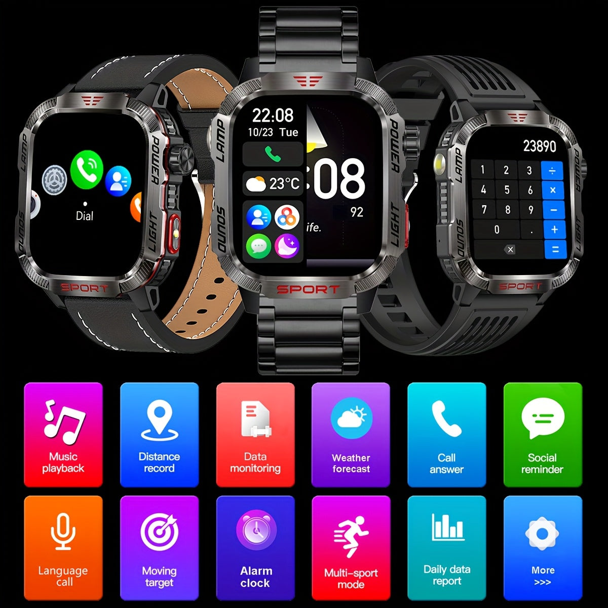 Rugged Outdoor Smartwatch (Receive/Make Calls) for Iphone And Android Wireless Calling Smartwatch with LED Flashlight, Fitness, IP68 Waterproof/Sleep 600 Battery