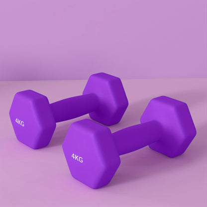 Set of 2 Hex Dumbbells, Weights Pair with Non-Slip Grip, Home Gym Fitness Training Equipment, 2 x 4kg, Purple