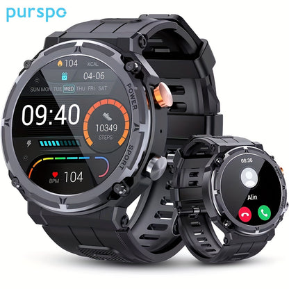 Purspo Outdoor Smart Watch(Answer/Dial Calls), Waterproof Sport Smartwatch Men For iPhone And Android Phones, Fitness Tracker Watch With Multi-Sport Modes/Music-Control/Alarm Clock/Long Battery Life/Good Gifts For Sport Men