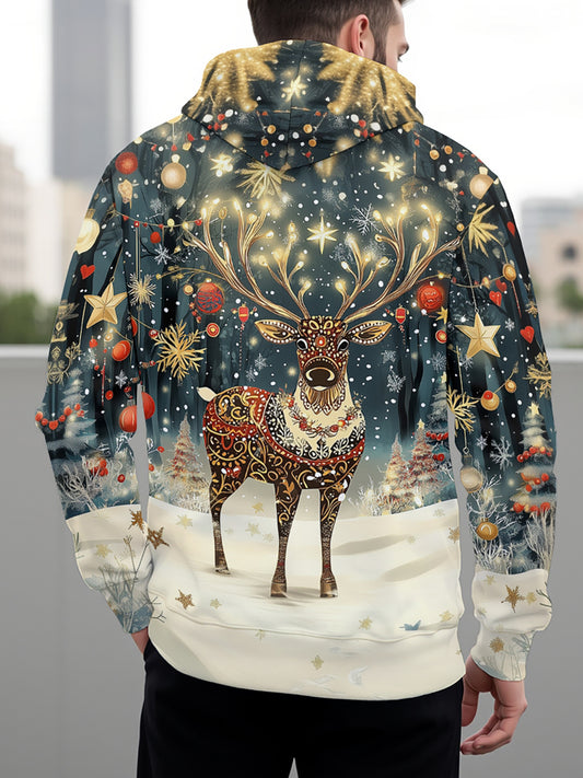 1pc Men'S Christmas Reindeer 3D Print Hoodie with Kangaroo Pocket, Casual Polyester Long Sleeve Pullover for Hiking, Running, Training, and Outdoor Activities - All Seasons