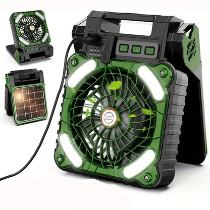 Revised product title: Portable Solar-Powered Camping Fan with LED Lantern, 4-Speeds, Rechargeable Battery, Timer, and Power Bank for Outdoor Travel Tent and Personal Use