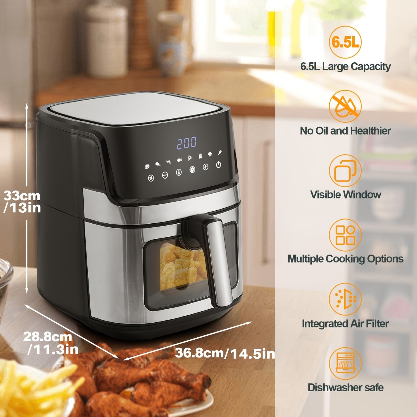 8-in-1 Air Fryer with LED Touch Display and Visible Window 6.5L AirfryerRapid Circulation for Health Cooking, 1700W, 60 min-timer, 80-200°C