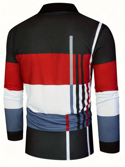 Men's Color Block Striped Shirt - Casual Long Sleeve, Button-Up Collar for Golf & Outdoor Activities