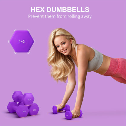 Set of 2 Hex Dumbbells, Weights Pair with Non-Slip Grip, Home Gym Fitness Training Equipment, 2 x 4kg, Purple