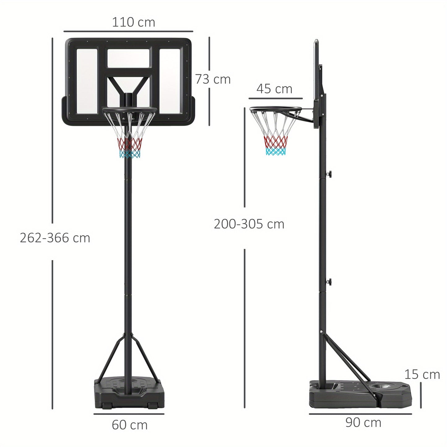 SPORTNOW Height Adjustable Basketball Hoop and Stand, Freestanding Basketball Stand, Net w/ Wheels, Enlarged Base, PE Backboard, 2-3. 05m - Black