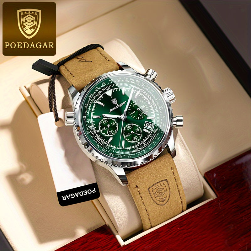 POEDAGAR Men's Luxury Sports Watch - Waterproof, Luminous with Calendar Feature, Quartz Movement, Faux Leather Strap