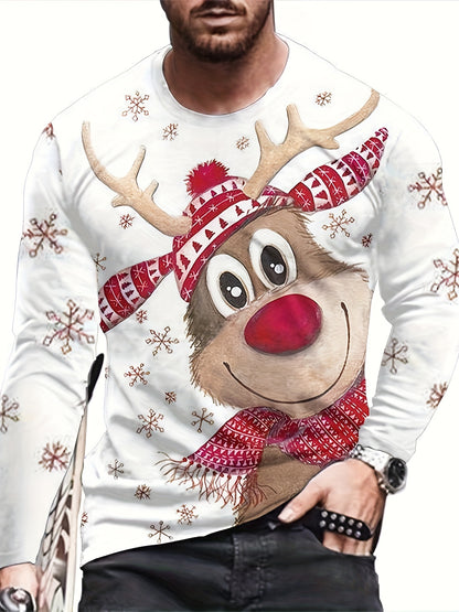 Men's Casual Long Sleeve Christmas Tee - Festive Reindeer Print, Polyester, Machine Washable