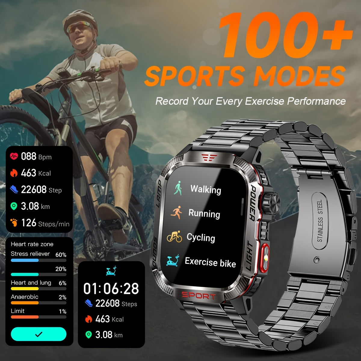 5.11 cm Large Screen Men's Outdoor Sports Smartwatch - Touchscreen, Waterproof, Motion Fitness, Call Answering, Android and iPhone Compatible, Message Alerts Notifications, and More