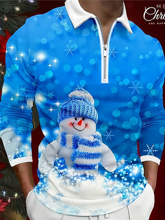 Men's Cute Snowman Print Golf Shirt, Casual Stylish Christmas Themed Long Sleeve Top As Gift