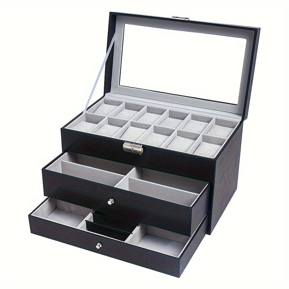 3-Tier Jewelry Organizer, Classic Black PU Leather, Transparent Top, Rectangular Desk Storage Box with Drawers, Watch Display Holder, Glasses and Ring Case, Textured Finish, Multi-Purpose, Snap Closure, Velvet Lining, No Power Required, Jewelry Boxes