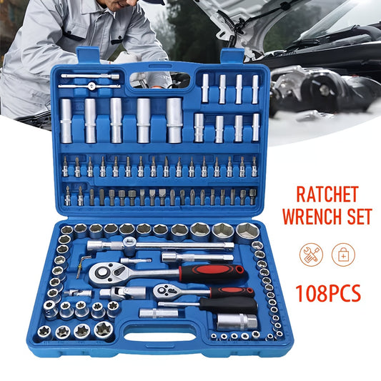 108pcs Professional Socket & Ratchet Wrench Set with 1/4", 1/2", 3/8" Screwdrivers - Durable Alloy Steel, Complete Tool Kit for DIY Home Appliance, Car & Bike Repairs