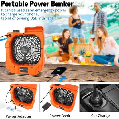 Portable Camping Fan with LED Light - Rechargeable 10400mAh Battery, 270° Rotation