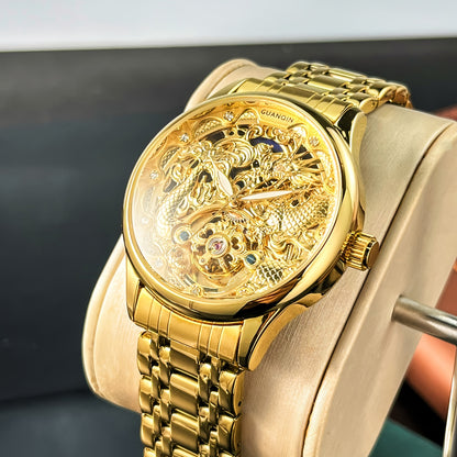 Glamorous Dragon Hollow Automatic Mechanical Watch for Men - Golden-Tone Steel Band, Luxurious & Classic Fashion Accessory