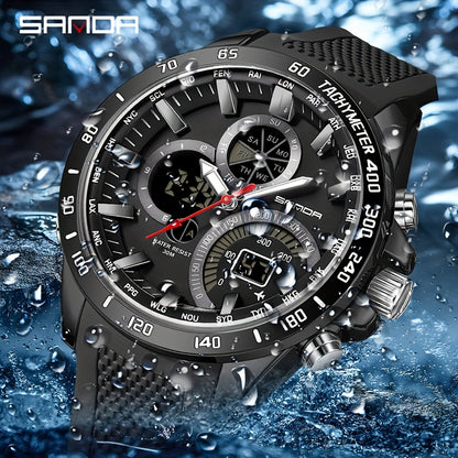 1pc SANDA Men'S Sports Watch - 30m Water Resistant, Casual Style, Dual Display, Round Zinc Alloy Case, Stainless Steel Band, Electronic Movement, Alarm, Stopwatch, Night Light, Sleep Monitor, Weekly Calendar - Fashionable Electronic Wristwatch for Men