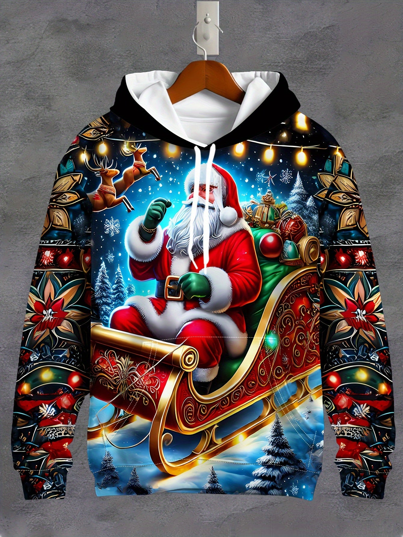 Men's Fashion Hooded Sweatshirt With Santa Claus Digital Print, Street Style, Loose Fit, Comfortable Polyester Hoodie For Outdoor Wear, Autumn Casual Attire