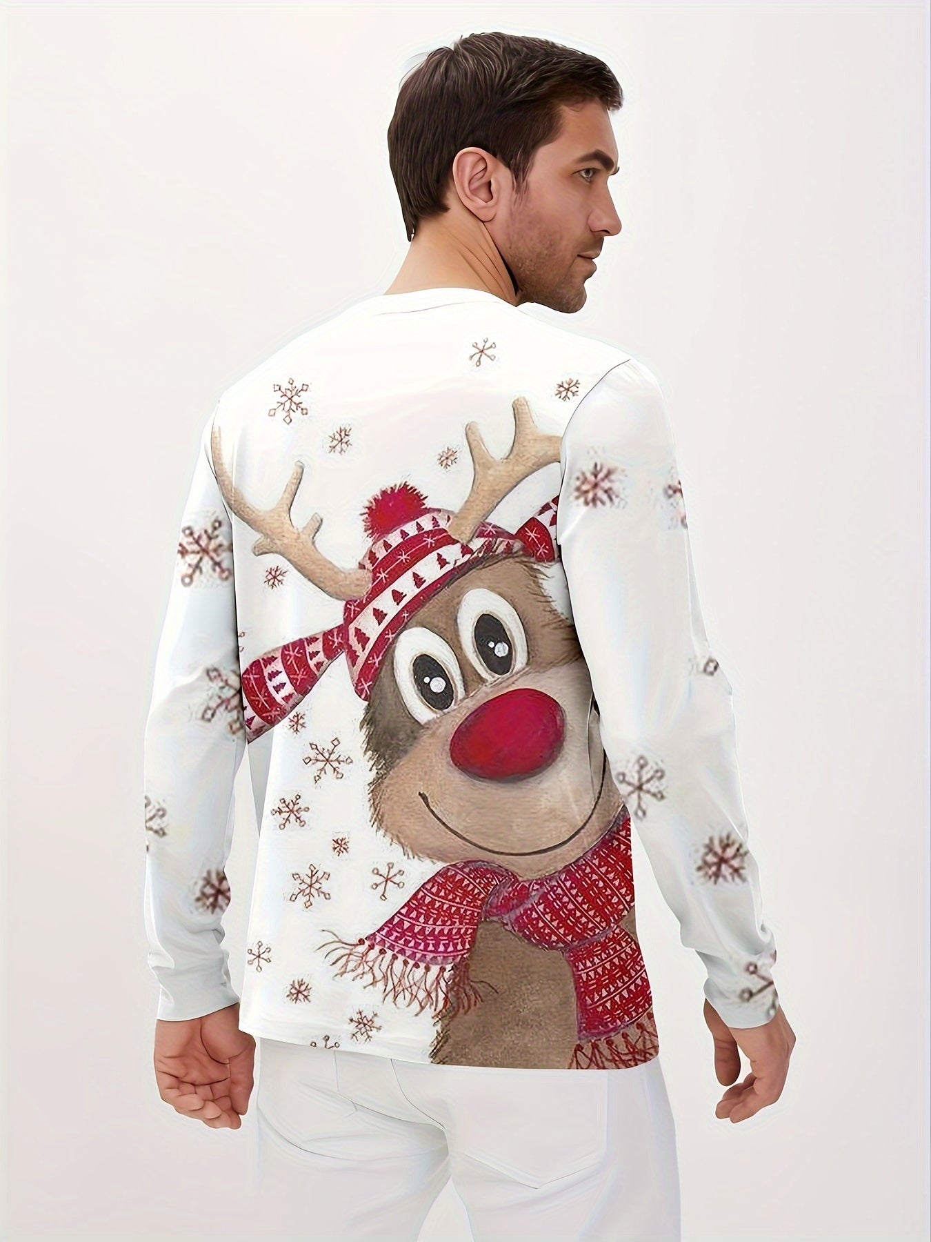 Men's Casual Long Sleeve Christmas Tee - Festive Reindeer Print, Polyester, Machine Washable