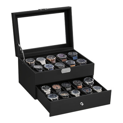 Lockable 2-Tier Watch Box Organizer with Glass Top, 20 Grids, Faux Leather Watch Display Storage Case, Rectangle Tabletop Watch Holder with Drawer for Rings Bracelets, Classic Style, Button Closure, Jewelry Boxes