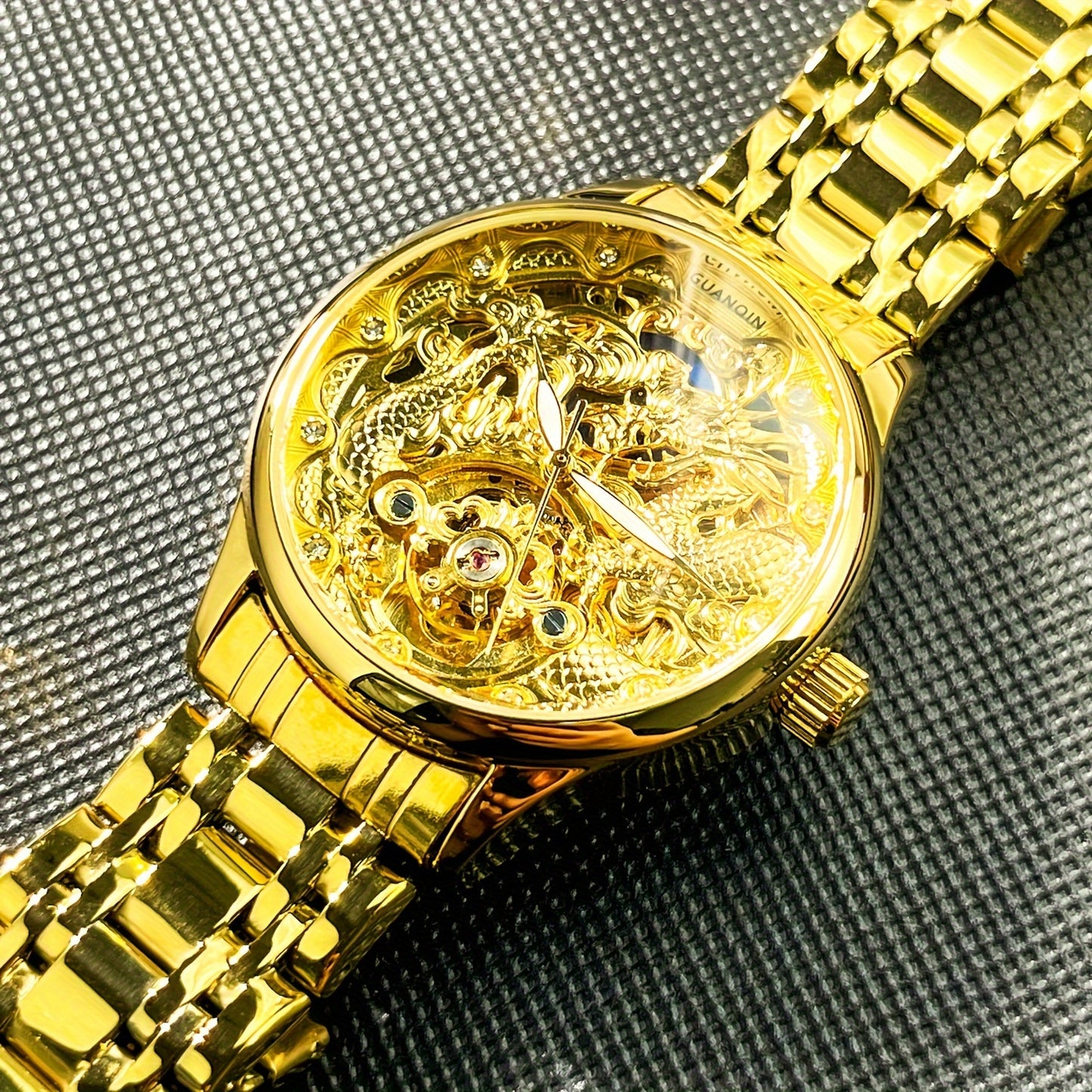 Glamorous Dragon Hollow Automatic Mechanical Watch for Men - Golden-Tone Steel Band, Luxurious & Classic Fashion Accessory