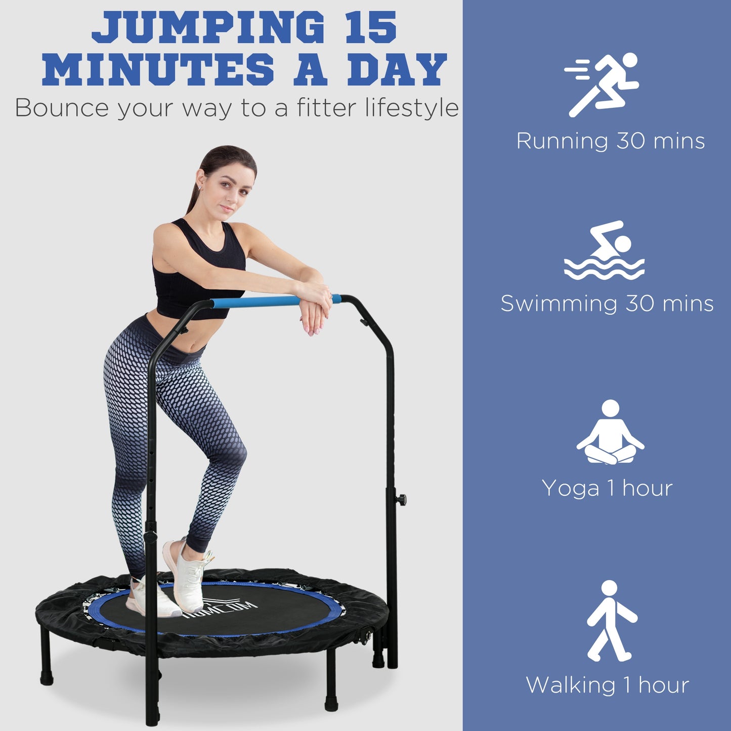 40" Foldable Mini Trampoline Fitness Trampoline Rebounder for Adults w/ Adjustable Foam Handle, for Indoors, Outdoors, Cardio Training