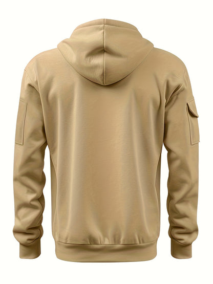 Men's Casual Fleece-Lined Hoodie with Multiple Zipper Pockets - V-Neck Pullover for Fall & Winter, Plus Size Available