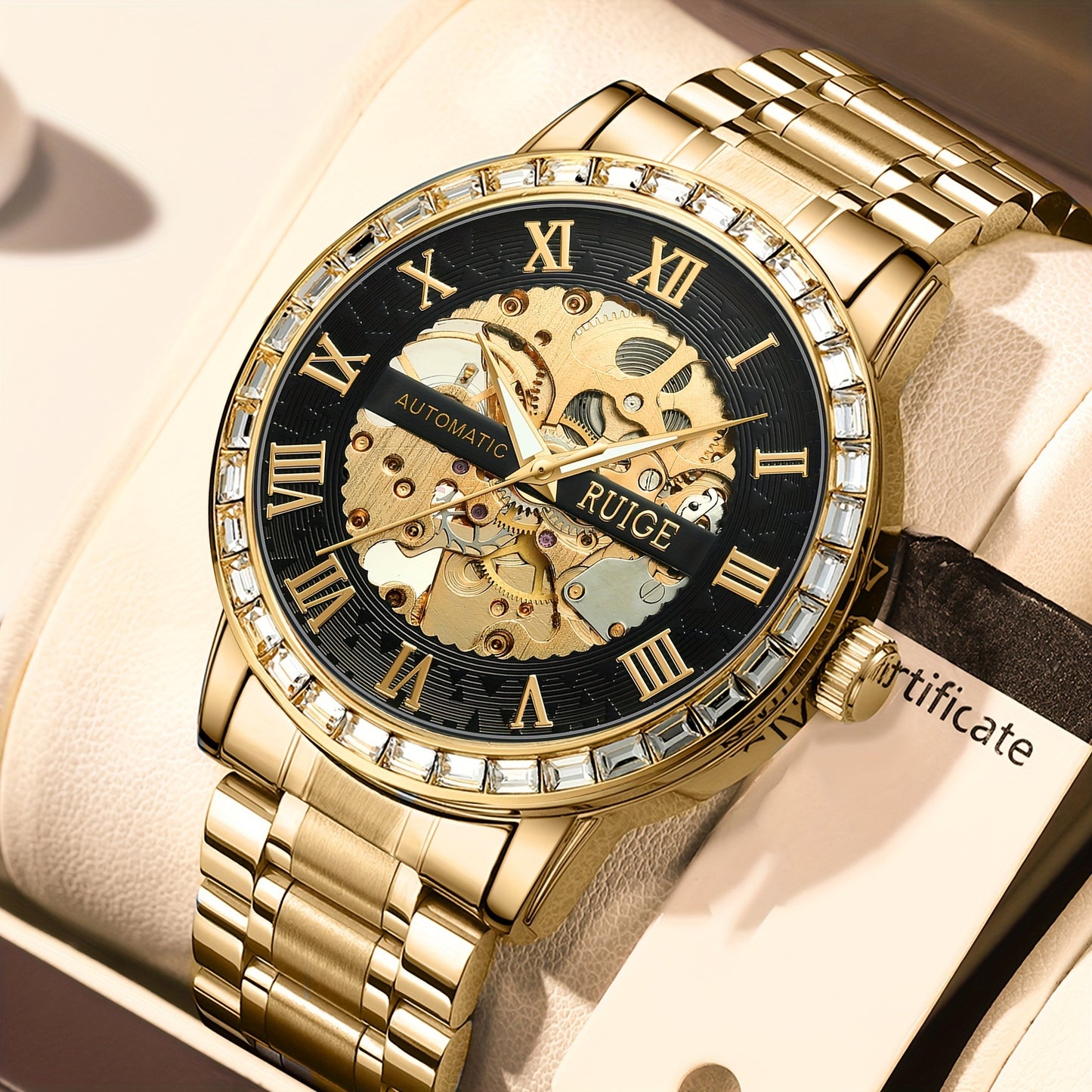 1pc RUIGE Men'S Luxury Business Style Skeleton Watch, Automatic Mechanical Movement, Glow Pointer, Stainless Steel Round Dial, Self-Winding, No Battery - Fashionable Dual-Sided Display Wristwatch